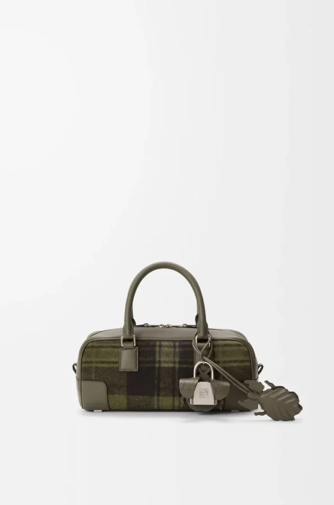 Amazona 23 cropped bag in tartan suede and nappa calfskin Khaki/Green