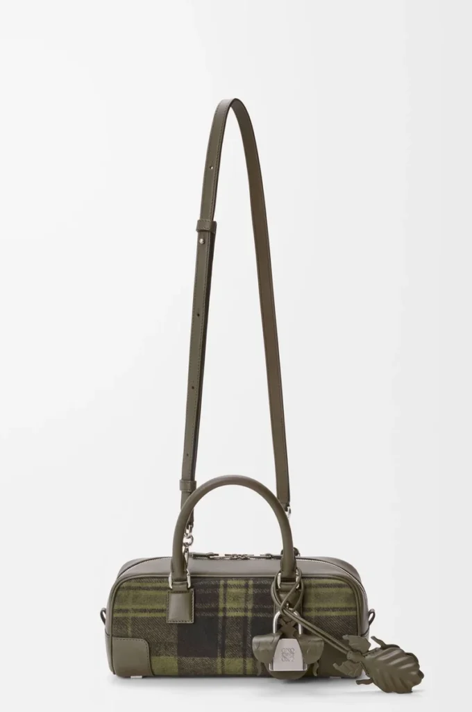 Amazona 23 cropped bag in tartan suede and nappa calfskin Khaki/Green