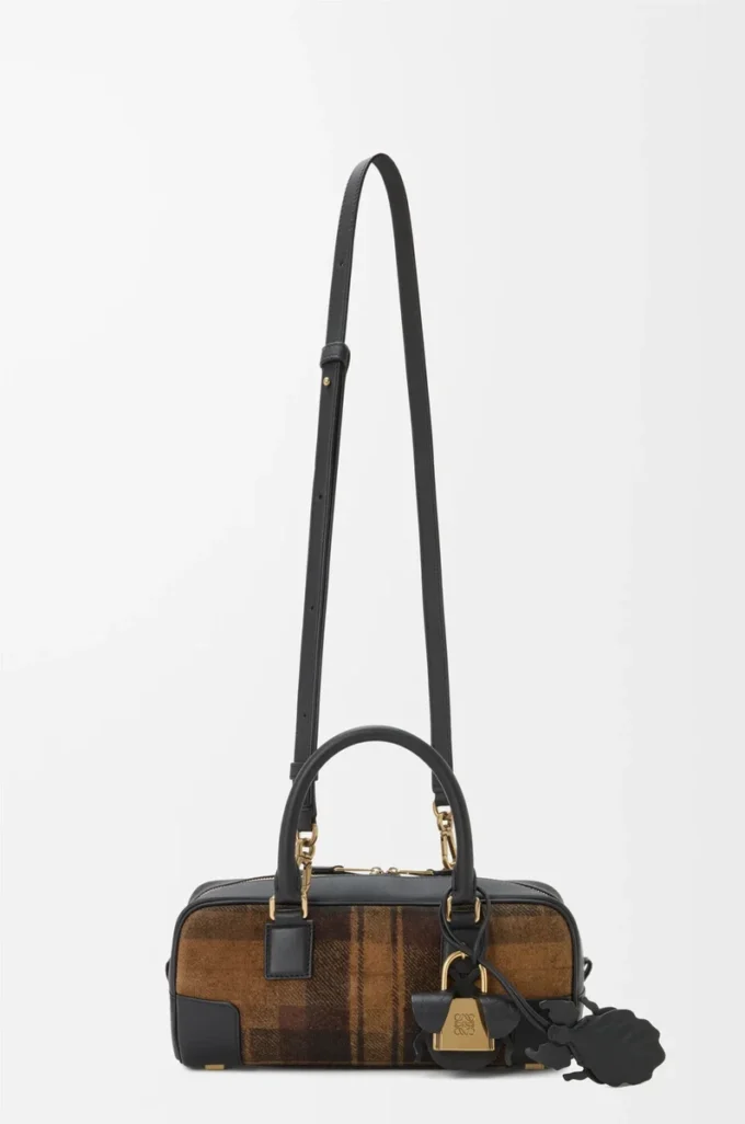 Amazona 23 cropped bag in tartan suede and nappa calfskin Tan/Black