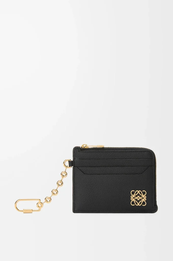 Anagram square coin cardholder in pebble grained calfskin Black/Gold Anagram square coin cardholder in pebble grained calfskin Black/Gold