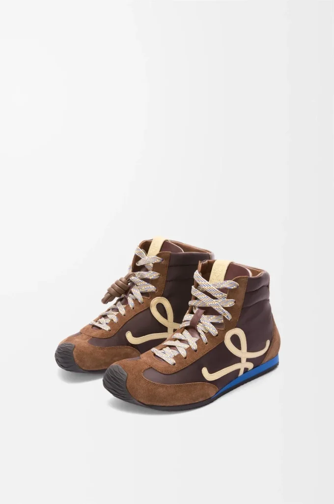 Ballet Runner 2.0 high-top in nylon and calfskin Brown/Yellow/Blue