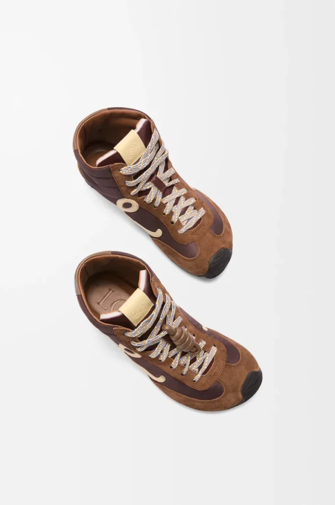 Ballet Runner 2.0 high-top in nylon and calfskin Brown/Yellow/Blue
