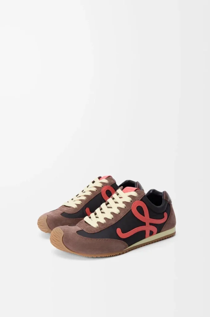 Ballet Runner 2.0 in nylon and calfskin Chocolate/Coral/Yellow