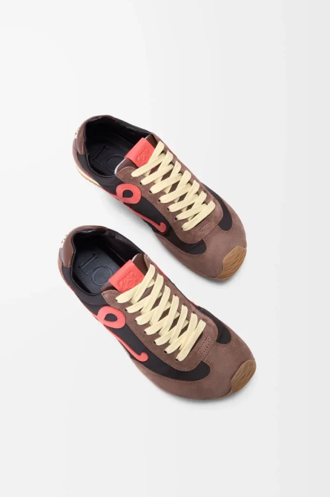 Ballet Runner 2.0 in nylon and calfskin Chocolate/Coral/Yellow