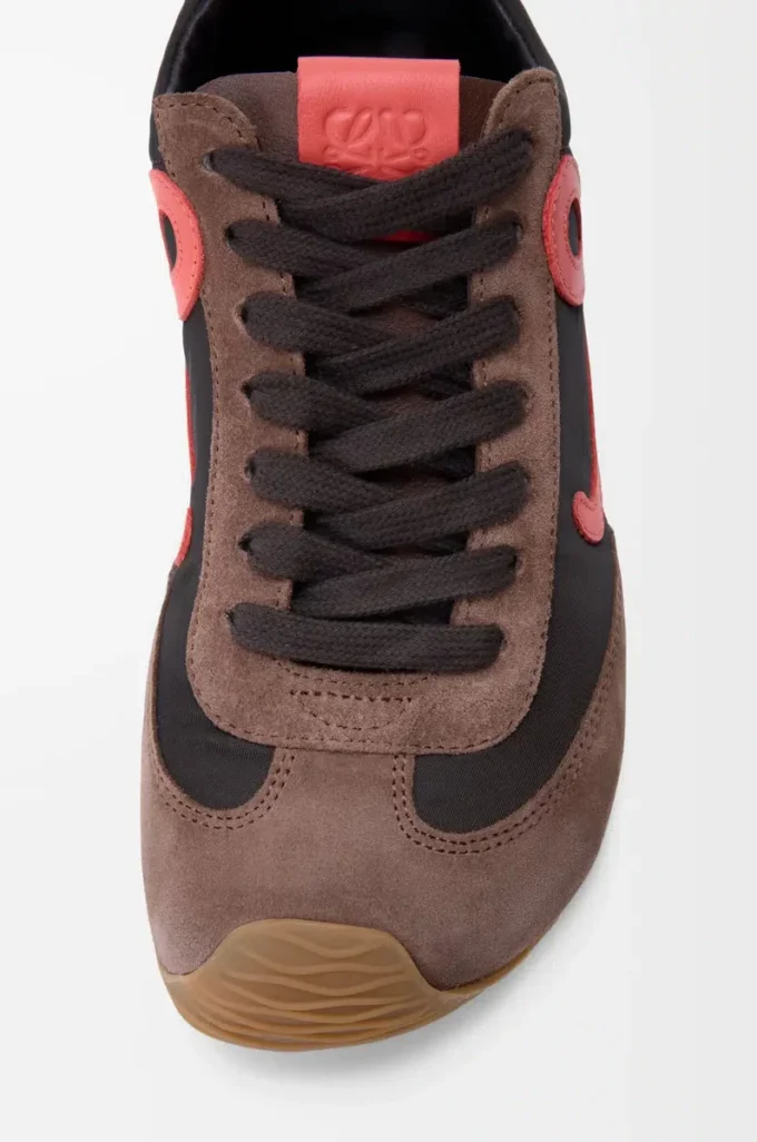 Ballet Runner 2.0 in nylon and calfskin Chocolate/Coral/Yellow