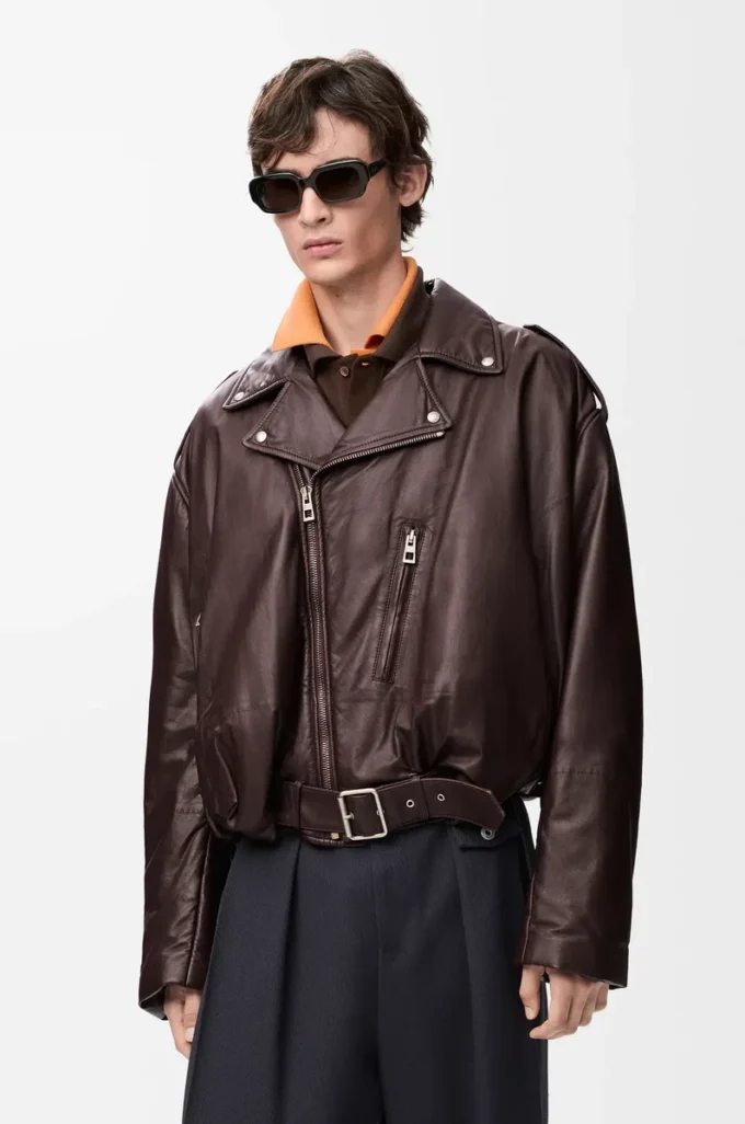 Balloon biker jacket in nappa lambskin Dark Brown