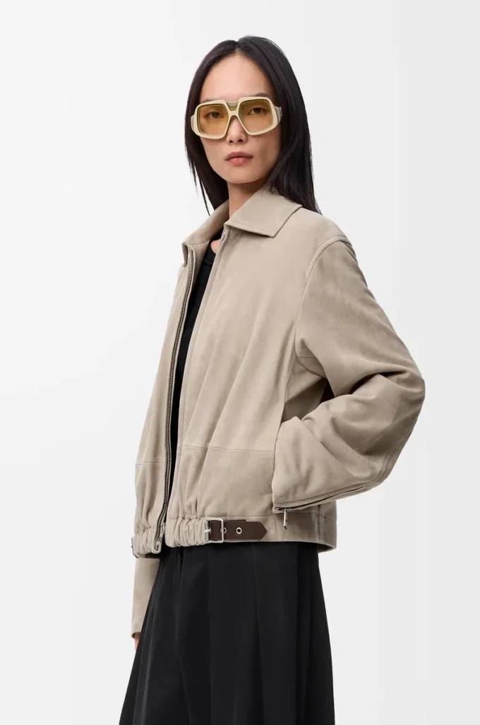 Belted jacket in suede goatskin Dark Beige