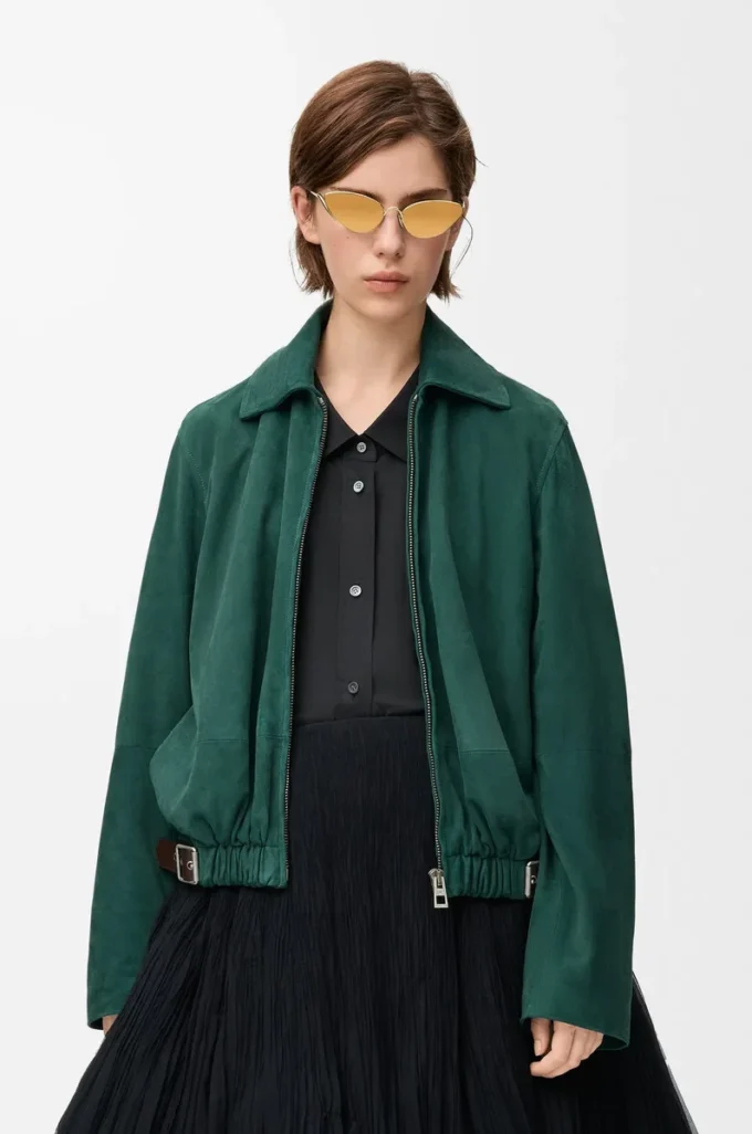 Belted jacket in suede goatskin Green
