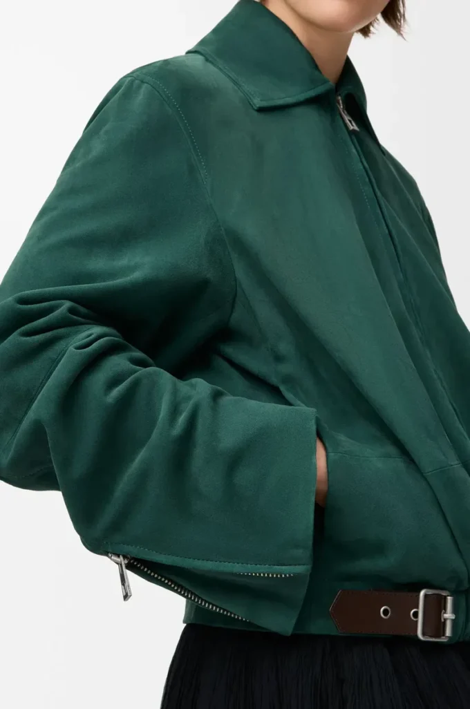Belted jacket in suede goatskin Green