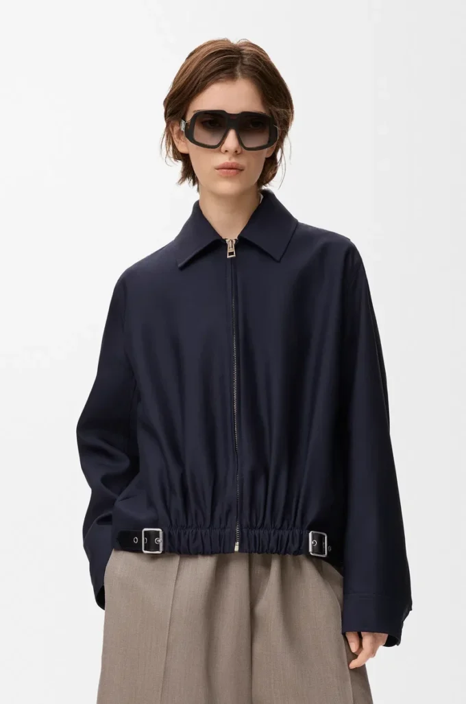 Belted jacket in wool and silk Navy Blue