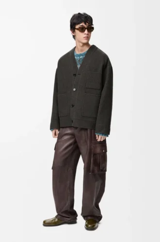 Cardigan in wool and silk Khaki Brown/Blue