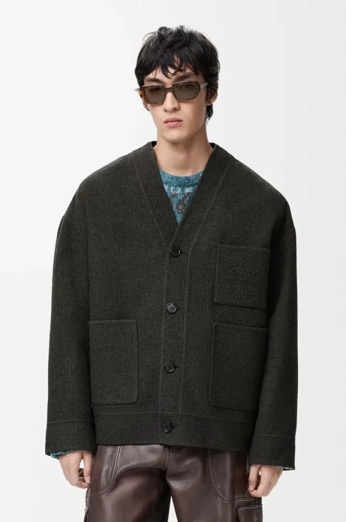 Cardigan in wool and silk Khaki Brown/Blue