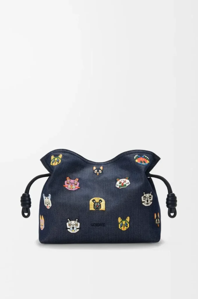 Cats medium Flamenco clutch in embroidered denim Blue