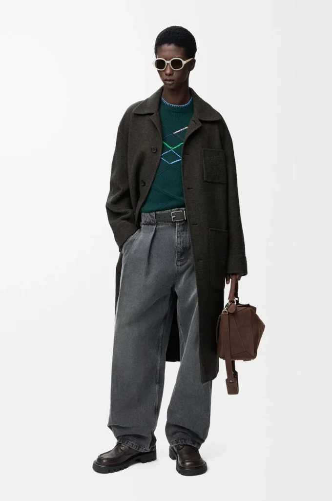 Coat in wool and silk Khaki Brown/Blue