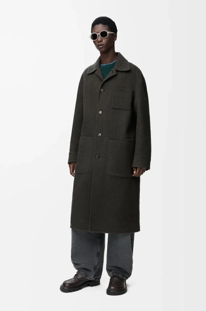 Coat in wool and silk Khaki Brown/Blue