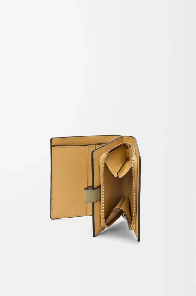 Compact zip wallet in soft grained calfskin Shell Grey/Eucalyptus Compact zip wallet in soft grained calfskin Shell Grey/Eucalyptus