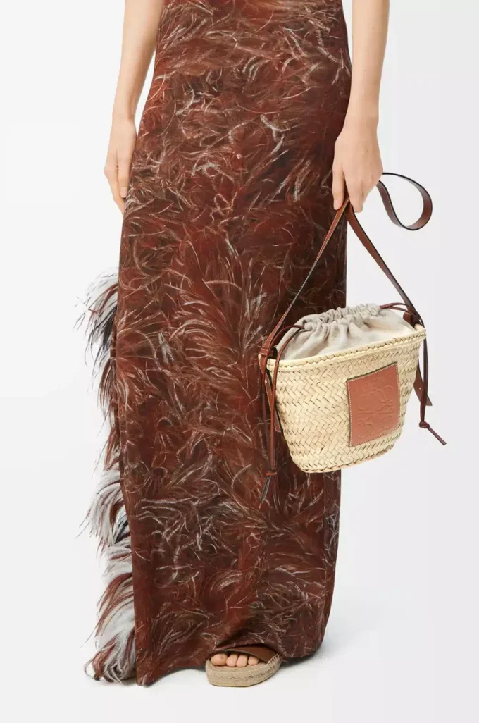 Drawstring bucket in palm leaf and calfskin Natural/Tan