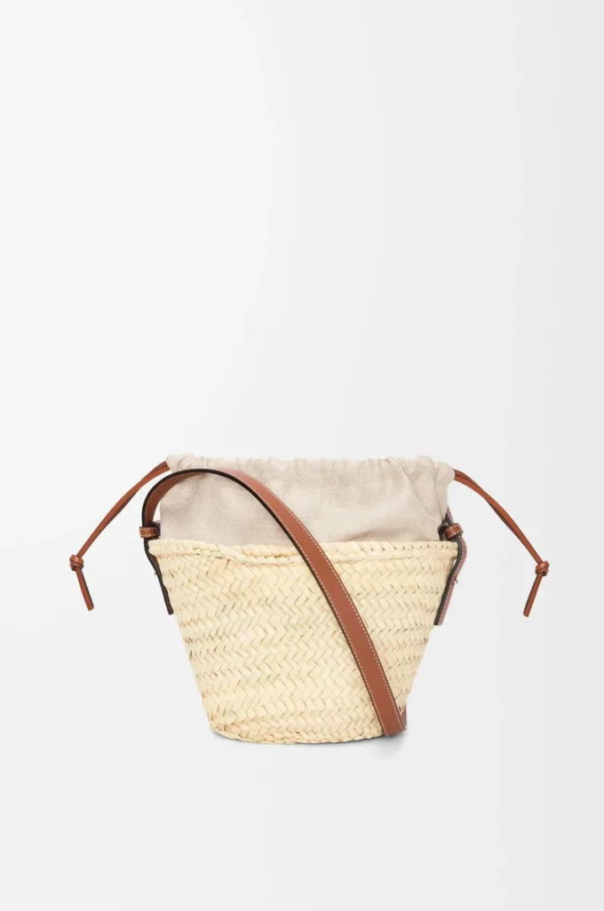 Drawstring bucket in palm leaf and calfskin Natural/Tan