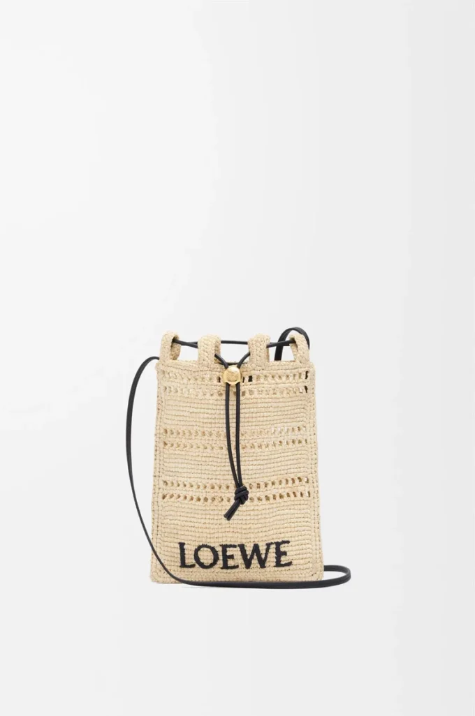 Drawstring pocket in raffia Natural/Black