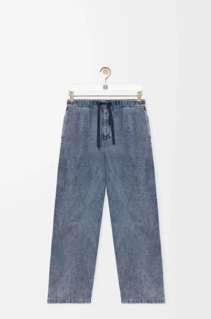 Drawstring trousers in cotton and linen Grey Blue