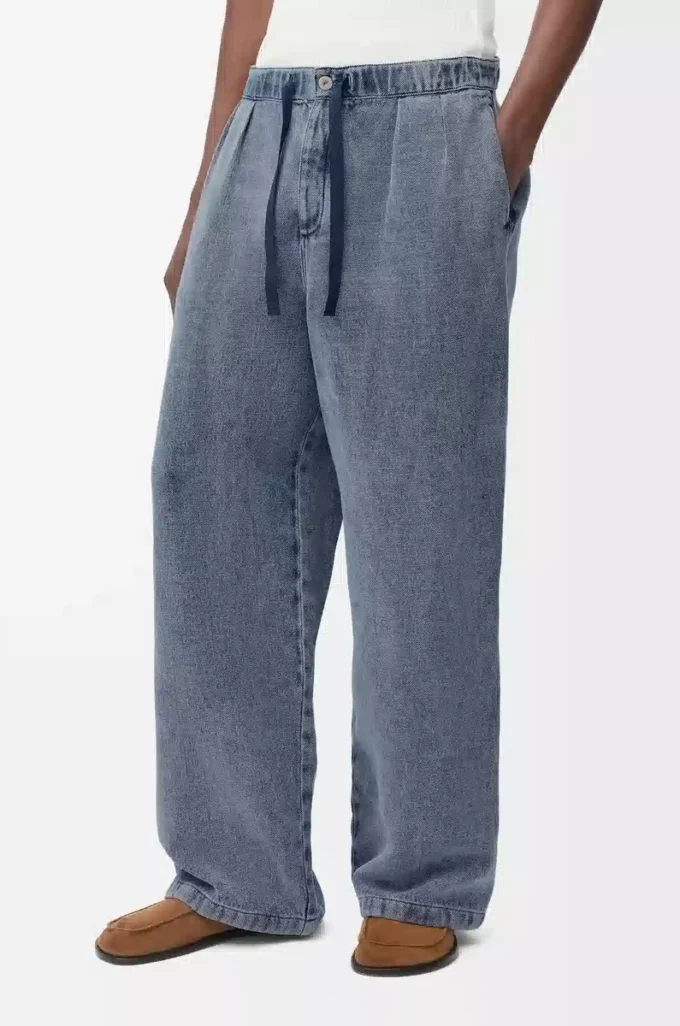 Drawstring trousers in cotton and linen Grey Blue