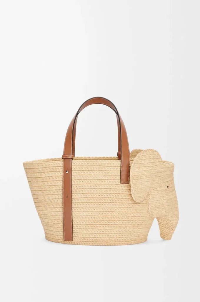 Elephant basket in raffia and calfskin Natural/Tan
