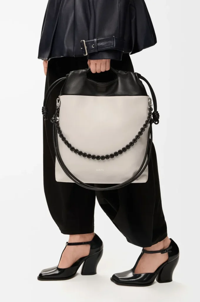 Flamenco purse tote in mellow nappa lambskin Light Ghost/Black