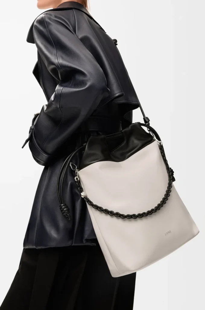 Flamenco purse tote in mellow nappa lambskin Light Ghost/Black