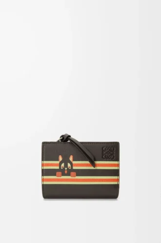 Futurist Cat compact wallet in classic calfskin Dark Taupe/Orange