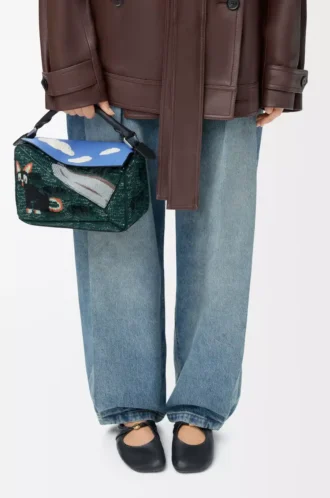 Futurist Cat small Puzzle bag in embroidered knit and classic calfskin Multicolor Green