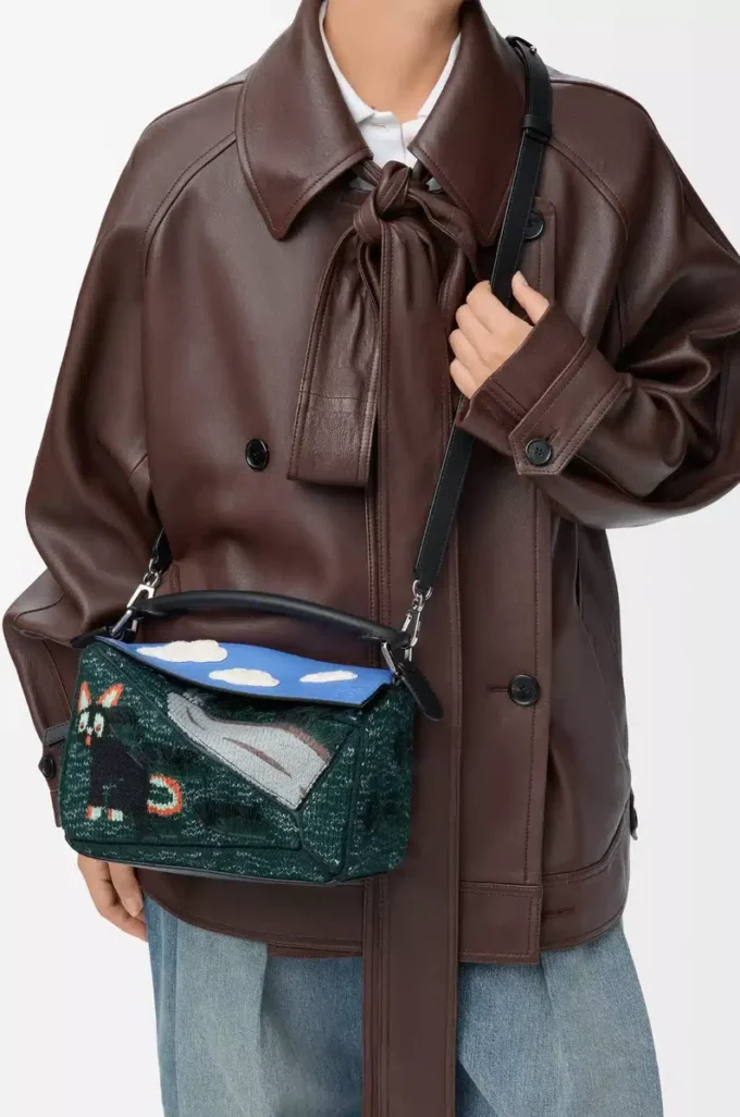 Futurist Cat small Puzzle bag in embroidered knit and classic calfskin Multicolor Green