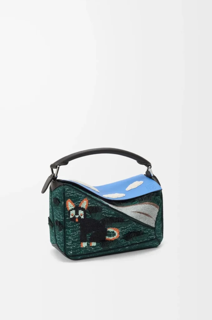 Futurist Cat small Puzzle bag in embroidered knit and classic calfskin Multicolor Green