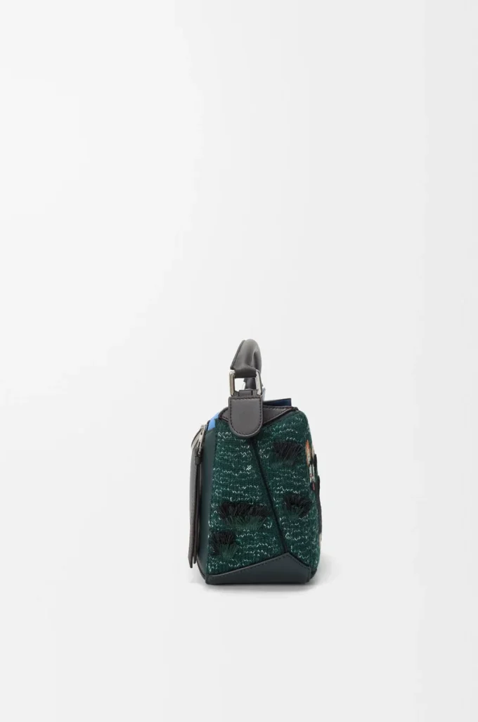 Futurist Cat small Puzzle bag in embroidered knit and classic calfskin Multicolor Green