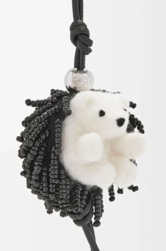 Hedgehog charm in felt, beads and calfskin Black/Soft White