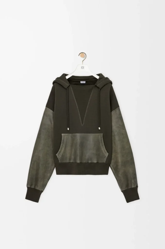 Hybrid hoodie in cotton and nappa lambskin Khaki Green