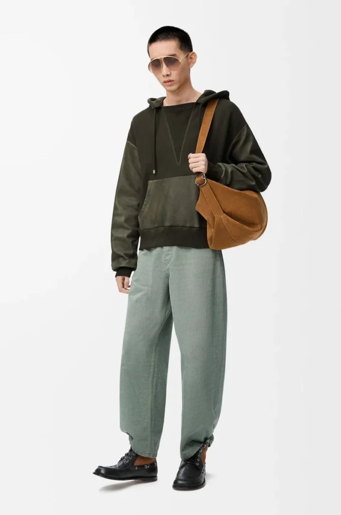 Hybrid hoodie in cotton and nappa lambskin Khaki Green