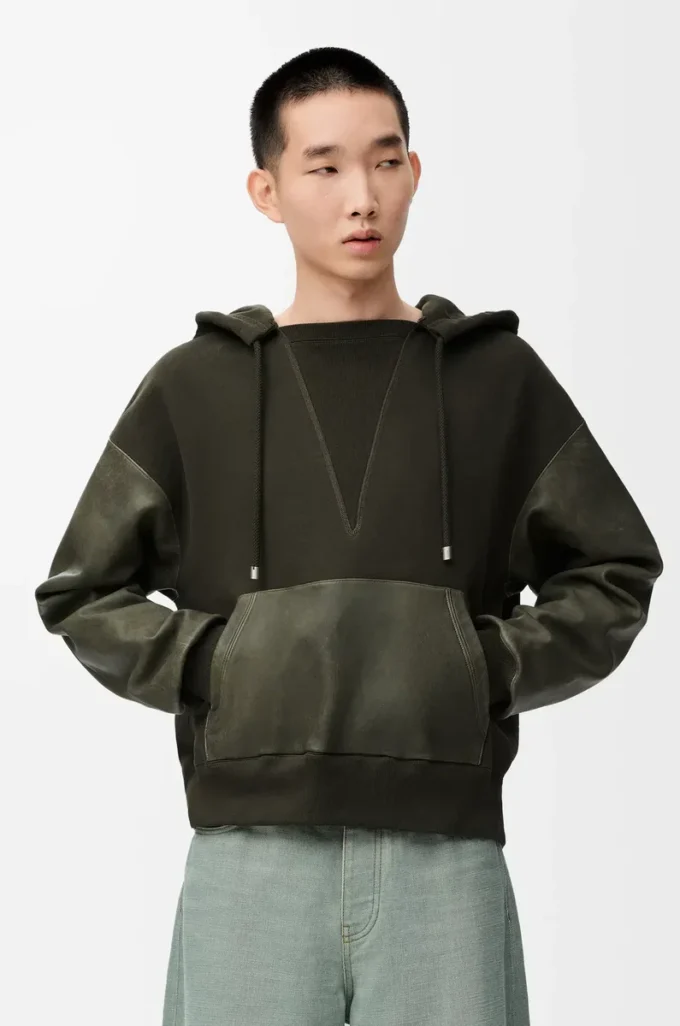 Hybrid hoodie in cotton and nappa lambskin Khaki Green