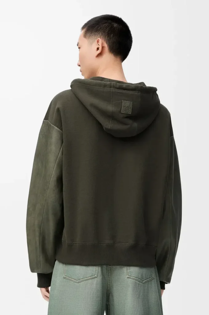 Hybrid hoodie in cotton and nappa lambskin Khaki Green