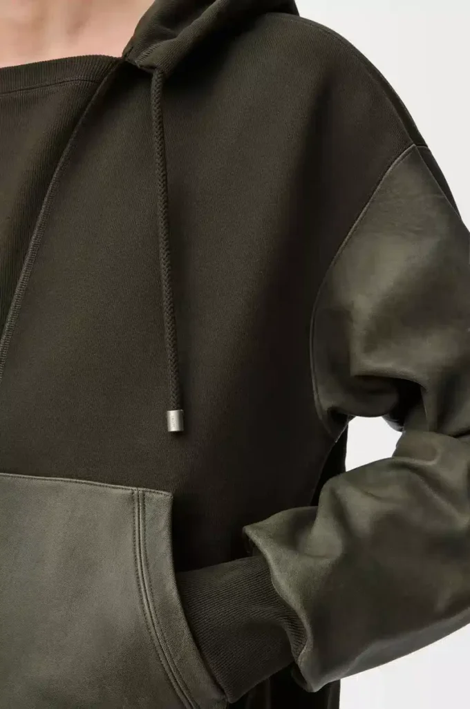 Hybrid hoodie in cotton and nappa lambskin Khaki Green