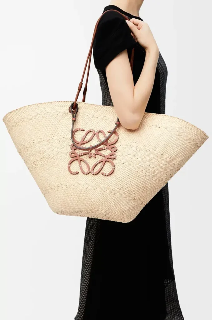 Large Anagram Basket bag in iraca palm and calfskin Natural/Tan