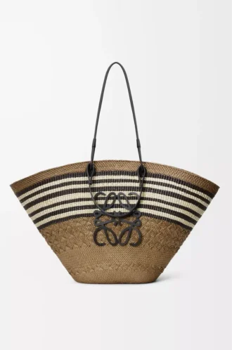 Large Anagram basket in iraca palm and calfskin Dark Khaki/Black