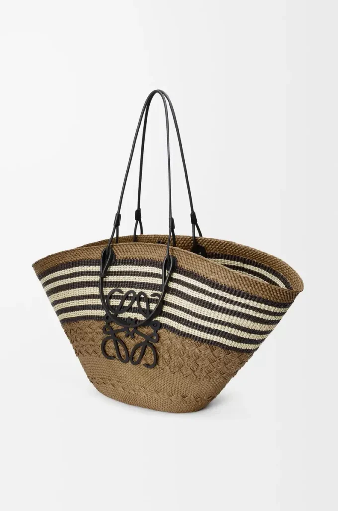 Large Anagram basket in iraca palm and calfskin Dark Khaki/Black