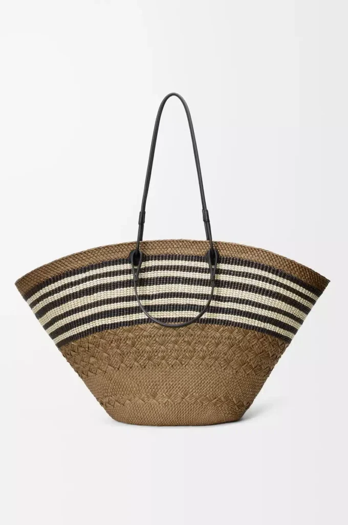 Large Anagram basket in iraca palm and calfskin Dark Khaki/Black