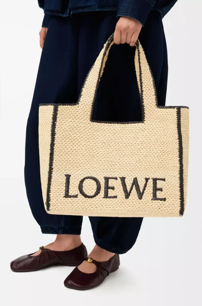 Large LOEWE Font tote in raffia Natural