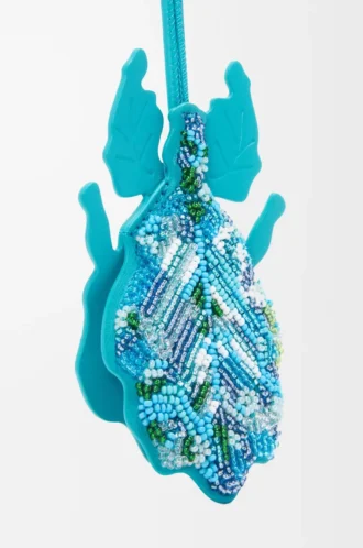 Leaf insect keyfob charm in beaded leather Deep Turquoise