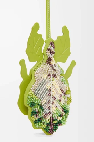 Leaf insect keyfob charm in beaded leather Meadow Green