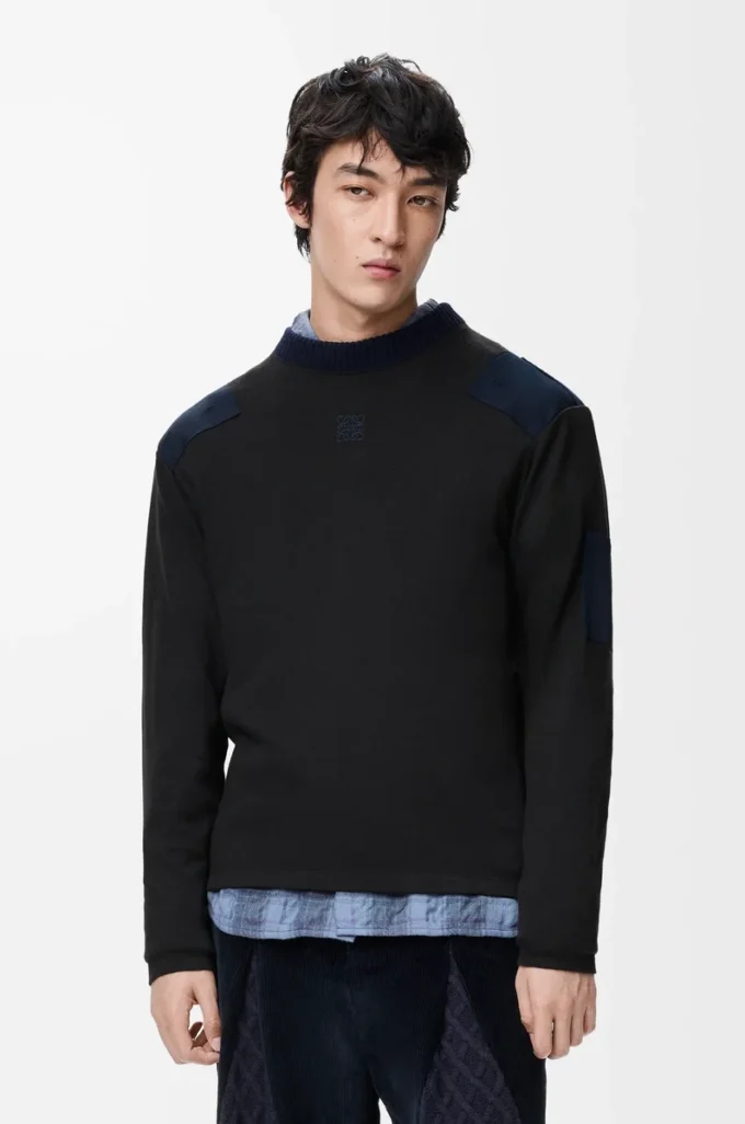 Long sleeve top in cotton blend Anthracite/Dark Navy