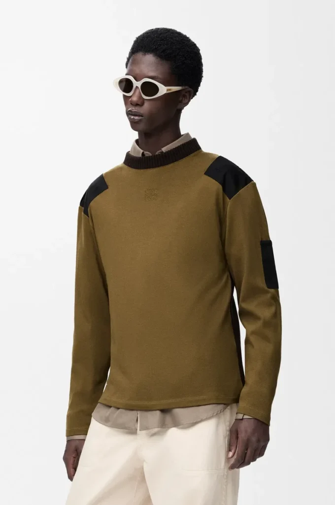 Long sleeve top in cotton blend Khaki/Black