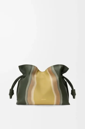 Medium Flamenco clutch Landscape in nappa calfskin Bottle Green/Ochre