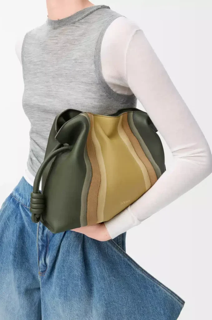 Medium Flamenco clutch Landscape in nappa calfskin Bottle Green/Ochre